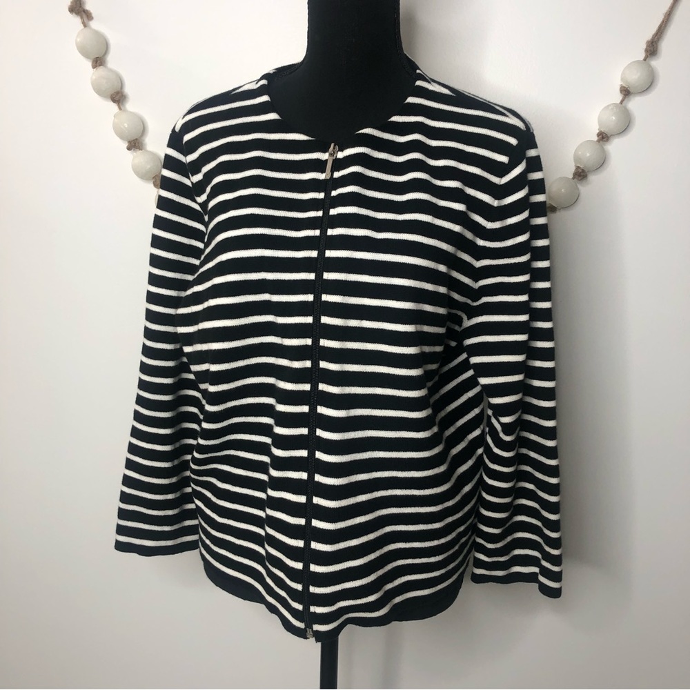 Chaps black & white striped sweater front w/zipper XL Cardigan Blazer Jacket